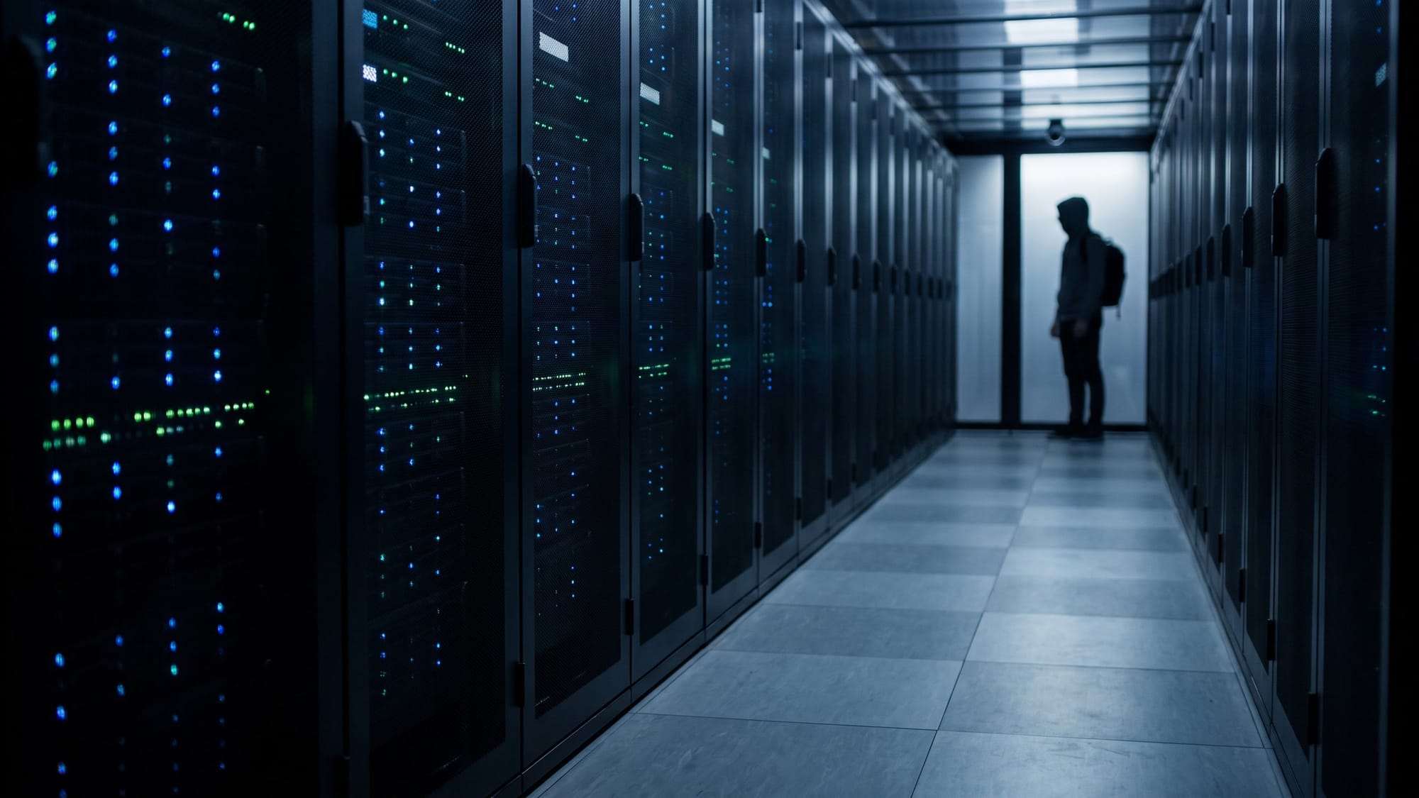 A long, dark aisle of server racks with blue and green status lights, a lone figure at the far end