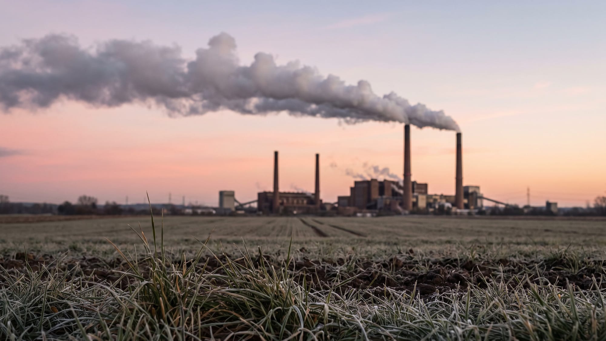 A power station at dawn across frosted fields, its chimneys trailing a grey plume