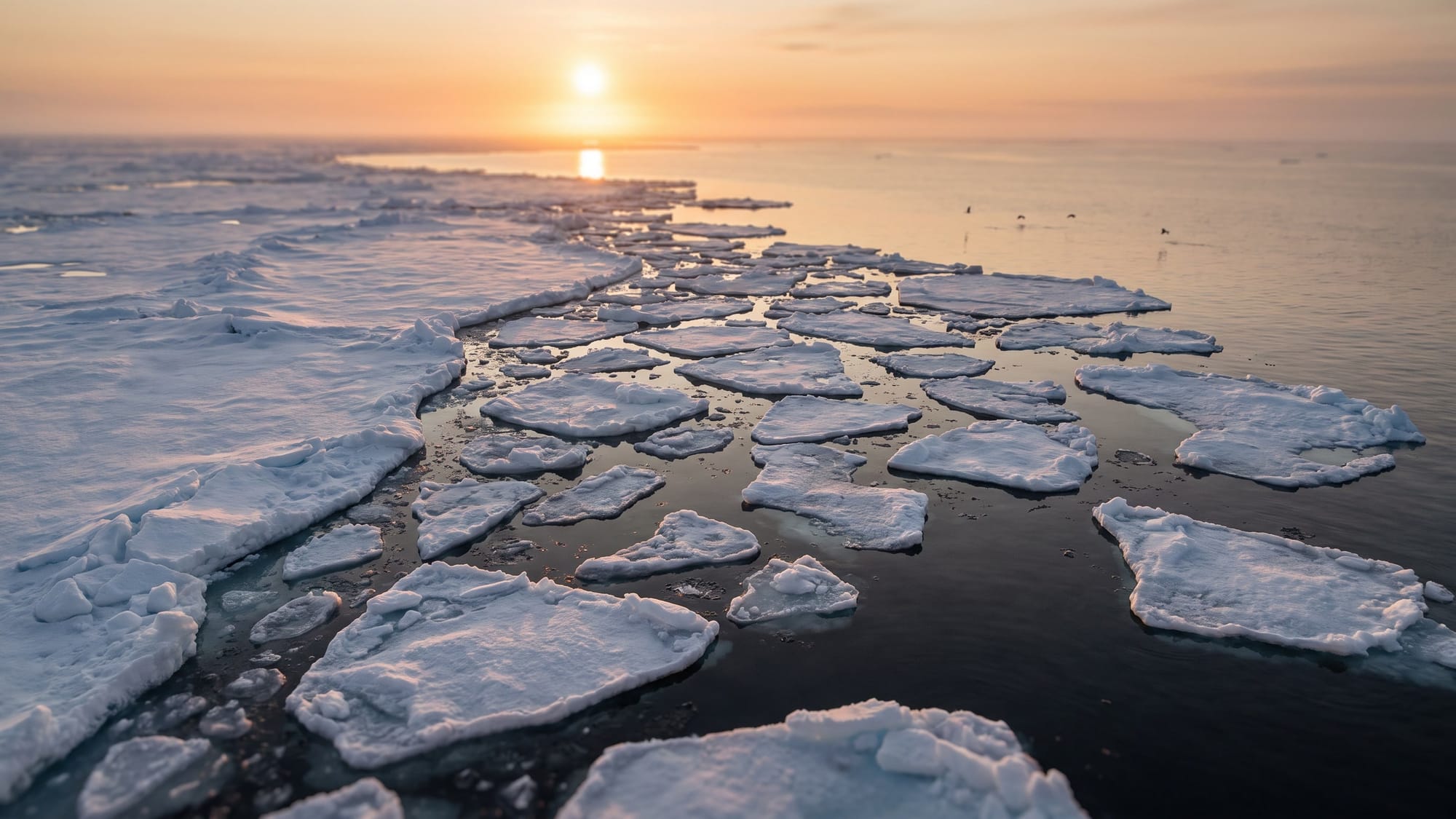 Sea ice breaking into floes on still dark water under a low sun