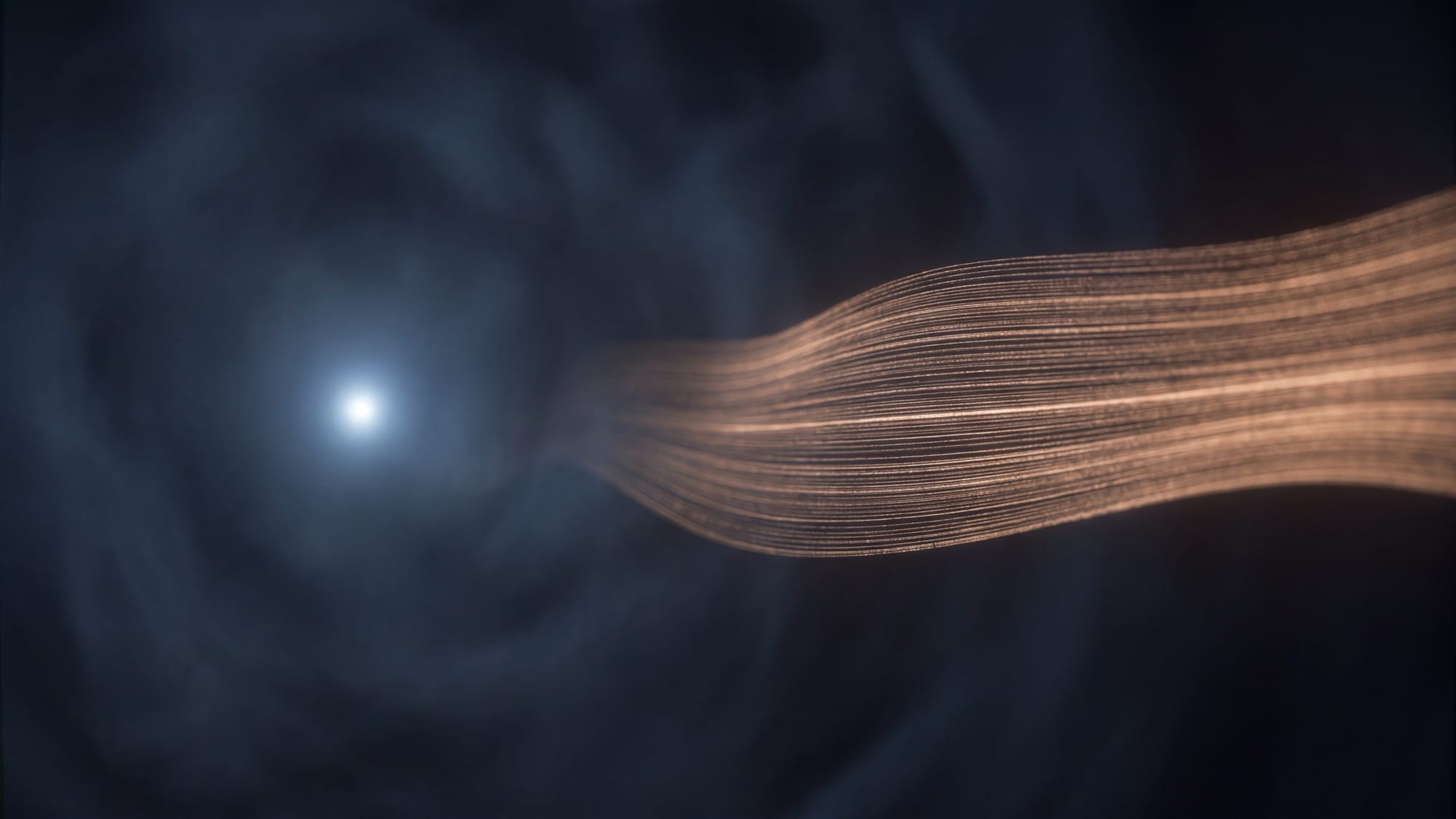 A single brilliant point of light beside a wide, dim ribbon woven from many fine parallel threads