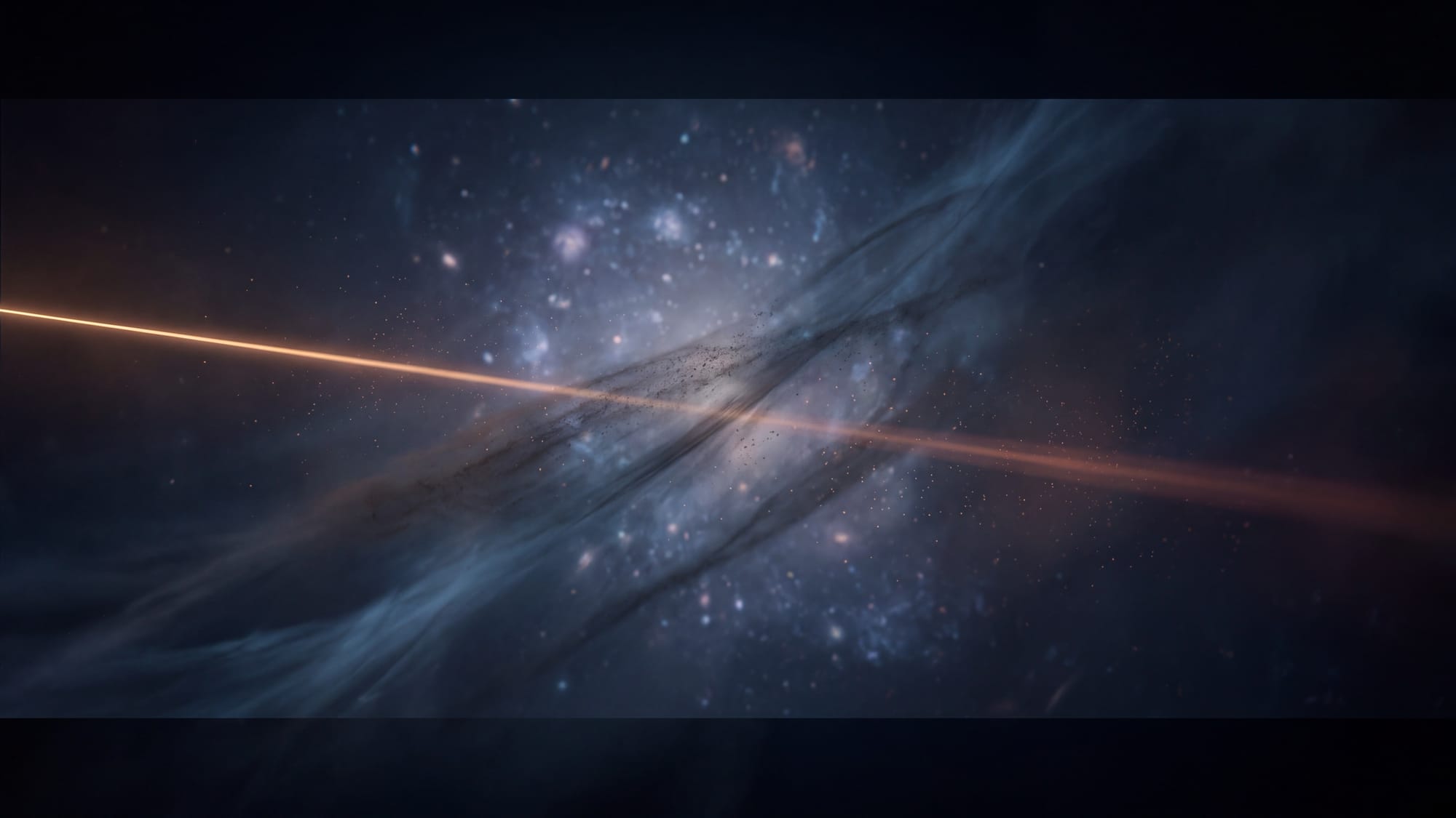 A thin beam of light thinning and scattering as veils of dust and gas cut across its path through deep space