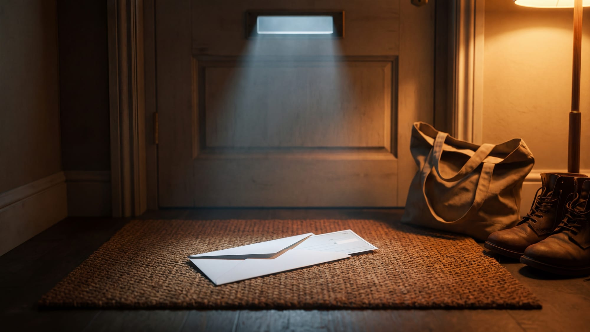 A paper cheque lying half out of its envelope on a doorway mat in warm hallway light
