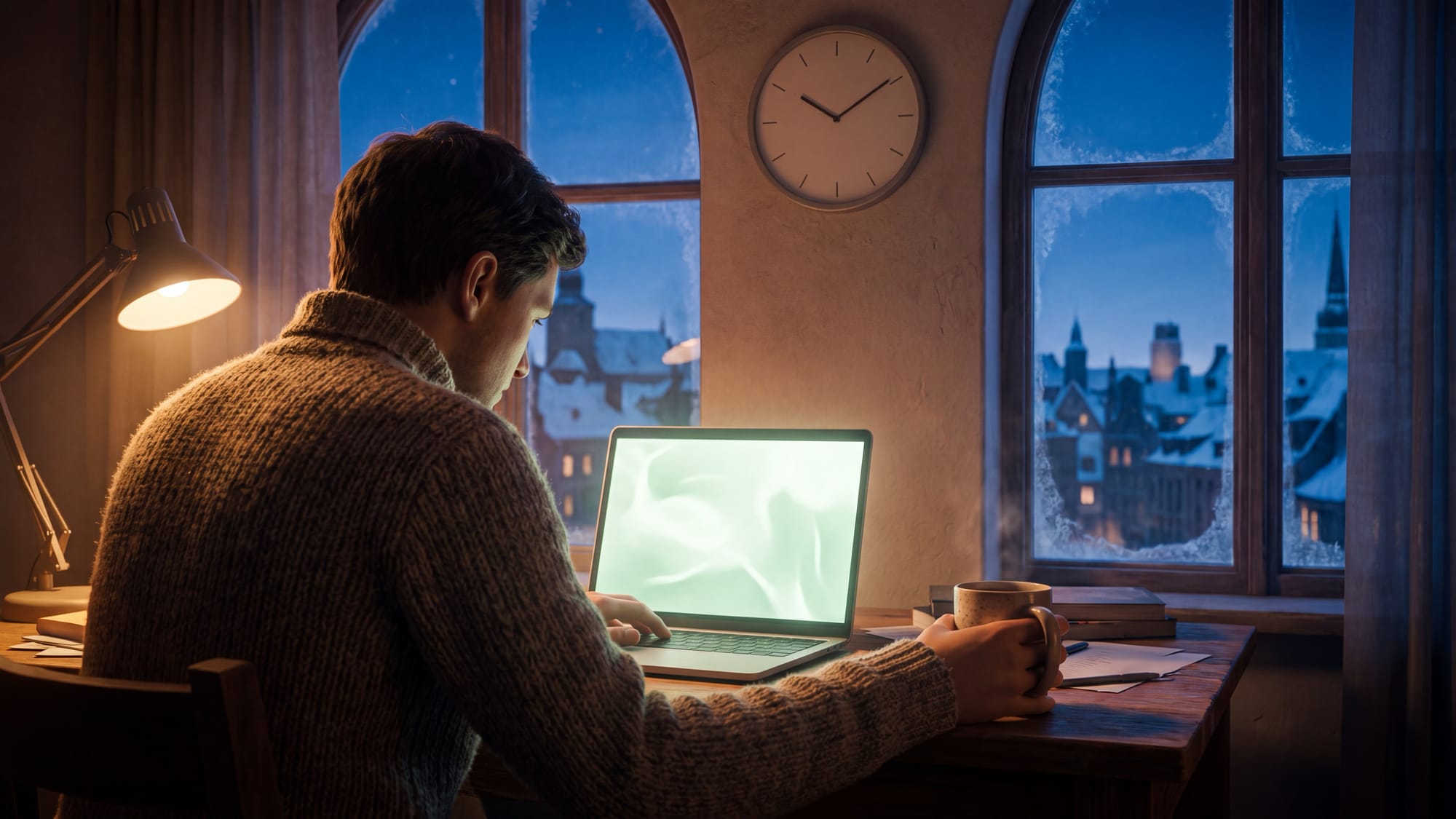 A person filing a return on a laptop by a snowy window with a cup of coffee