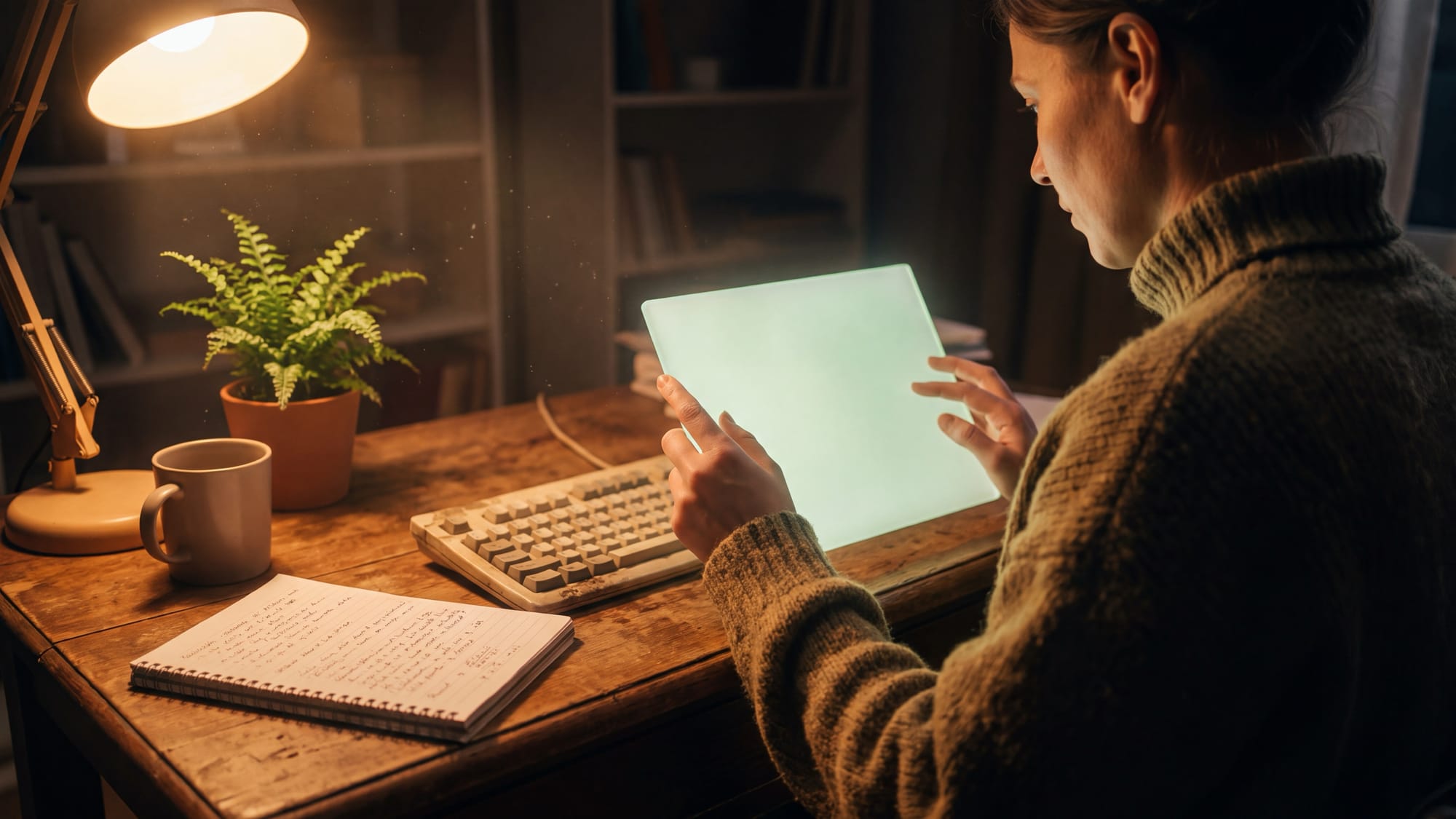 A person at a lamp-lit desk working beside a glowing pane of light at their elbow