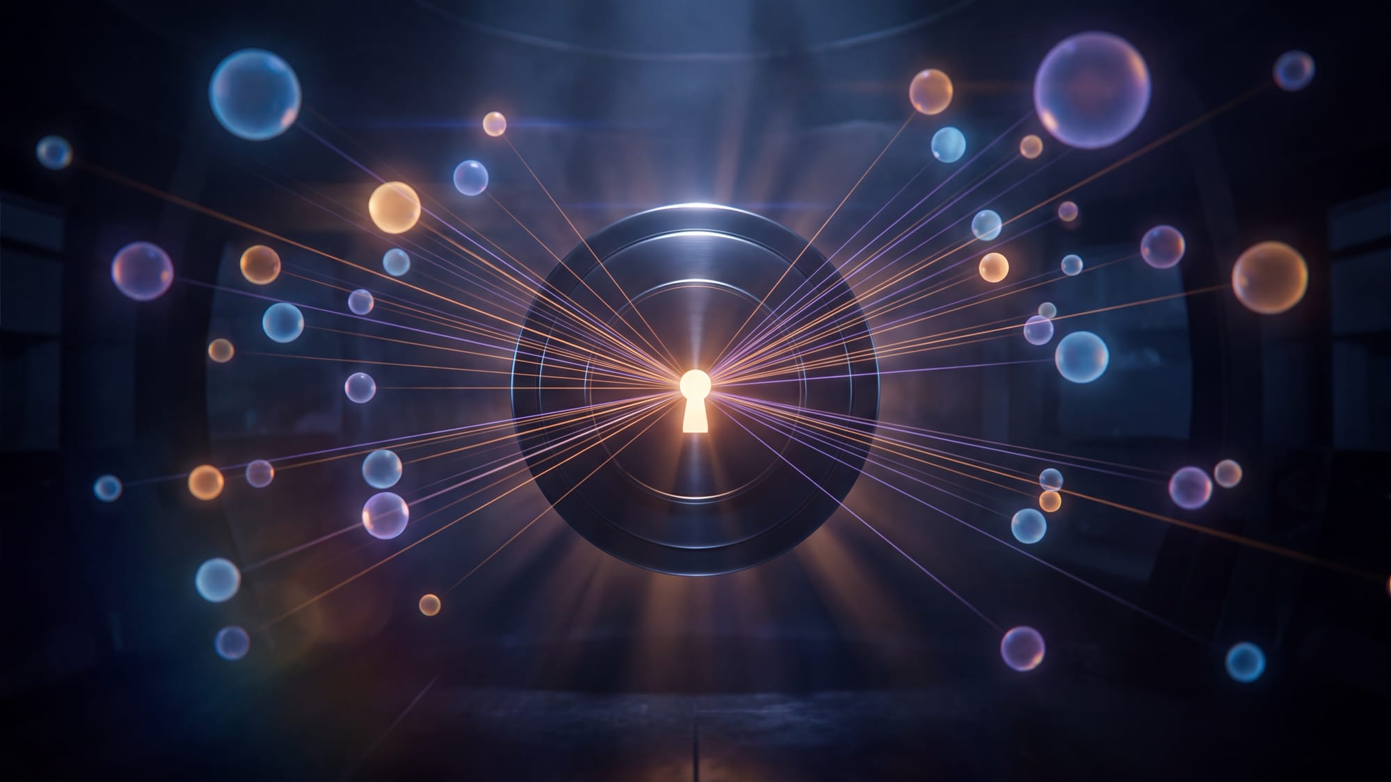 A single glowing hub fanning beams of light out to a constellation of distant orbs