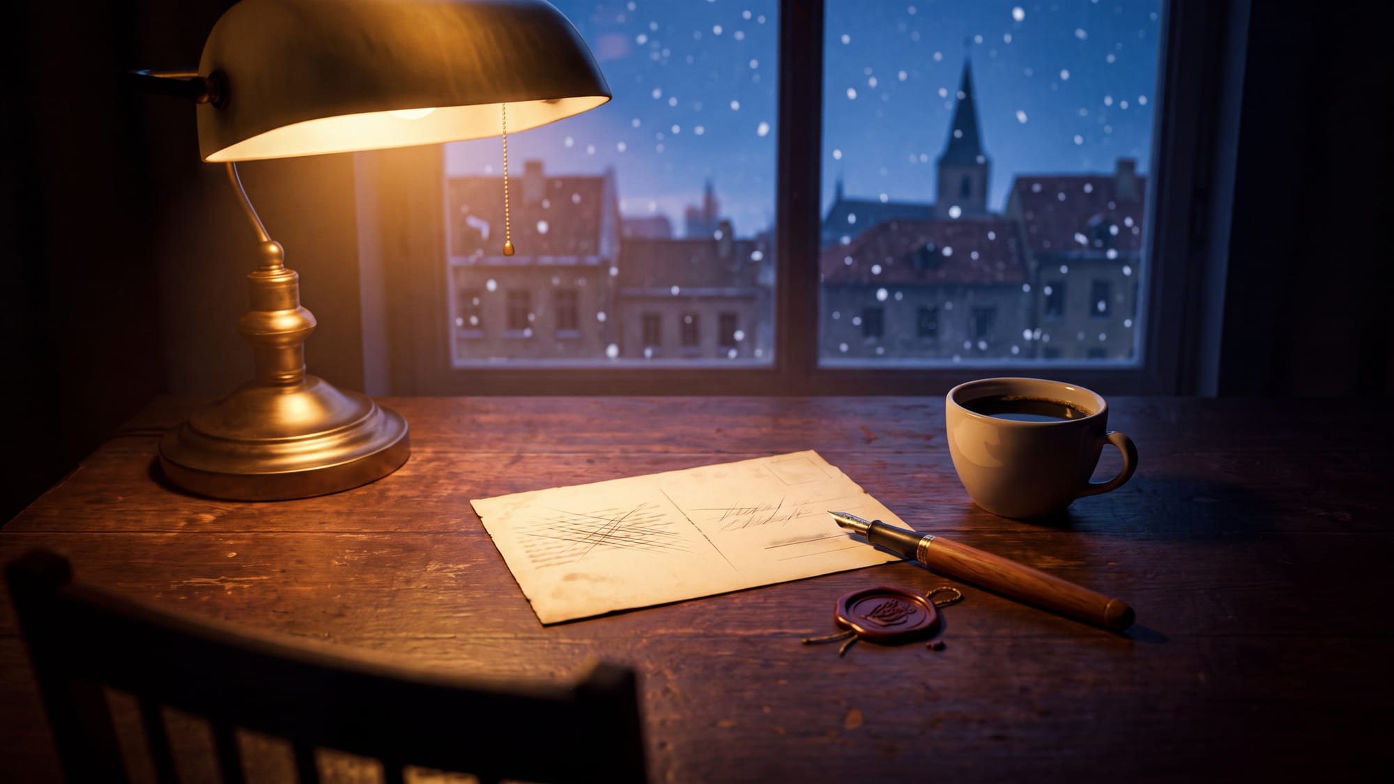 A single blank postcard on a lamp-lit desk, with snow falling over a northern city skyline