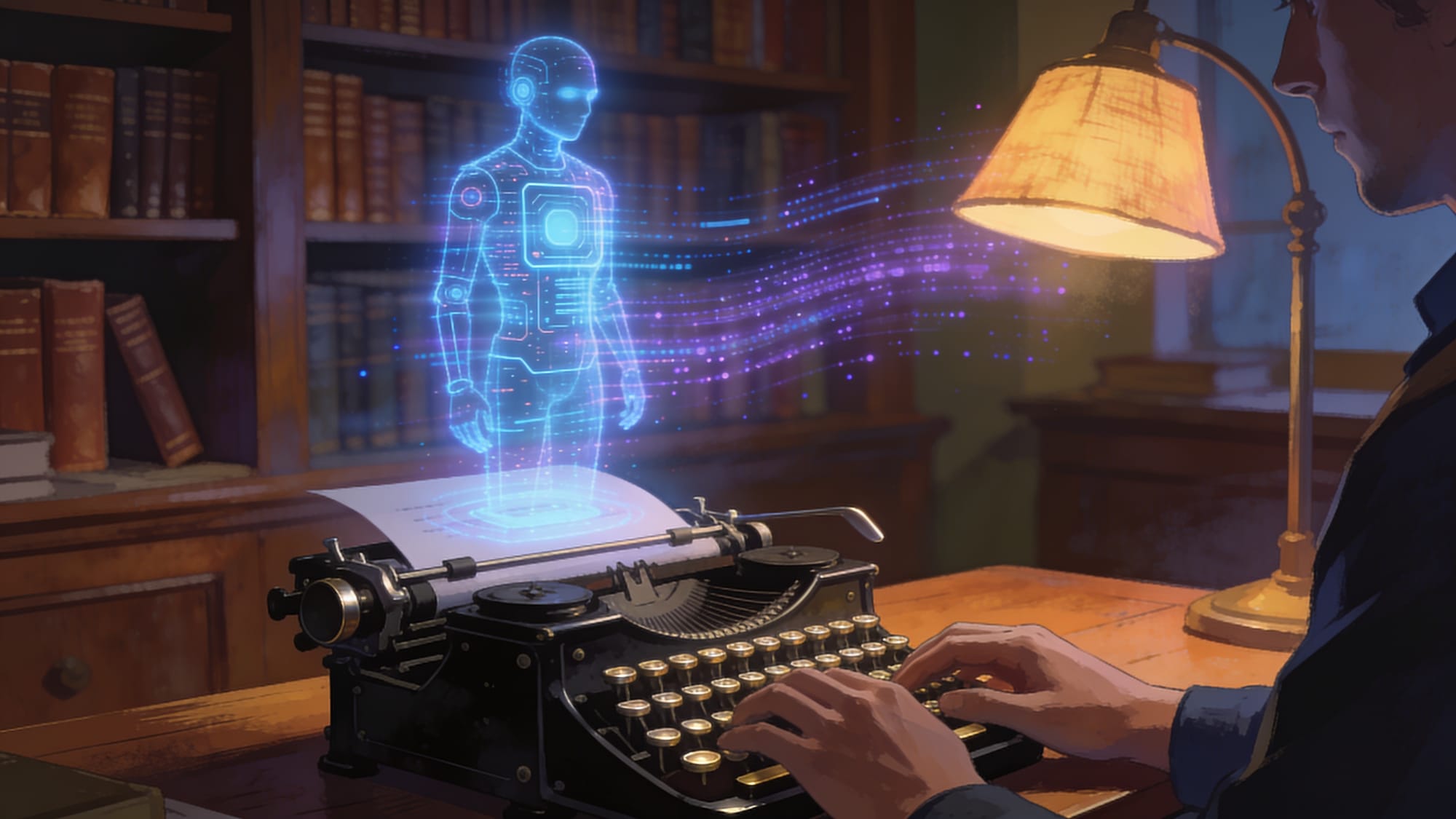Typewriter with AI hologram