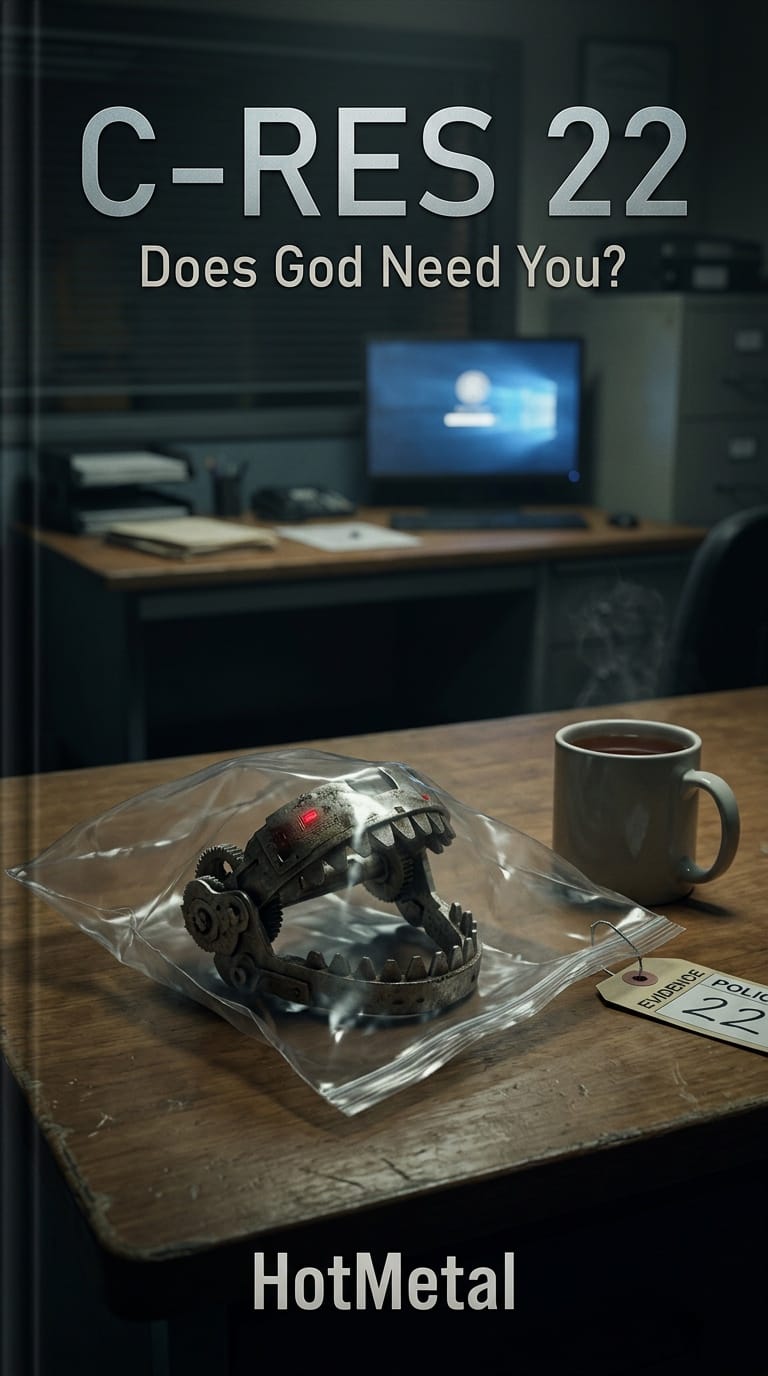 A mechanical jaw in an evidence bag beside a mug on an investigator's desk