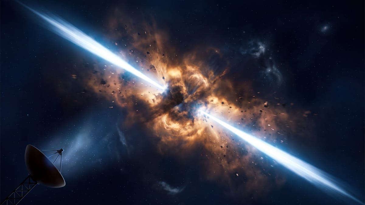 A collapsed stellar core firing two narrow collimated jets of light along a single axis, while a small dish antenna sits off to one side, angled away from both beams