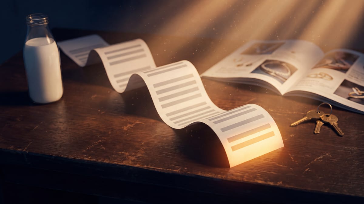 A long paper receipt curling across a dark desk, its running total glowing amber