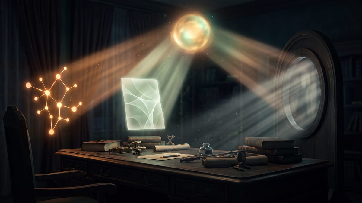A branch of glowing versions, a lit pane of screen light and an open gateway ring converging above a dark wooden desk
