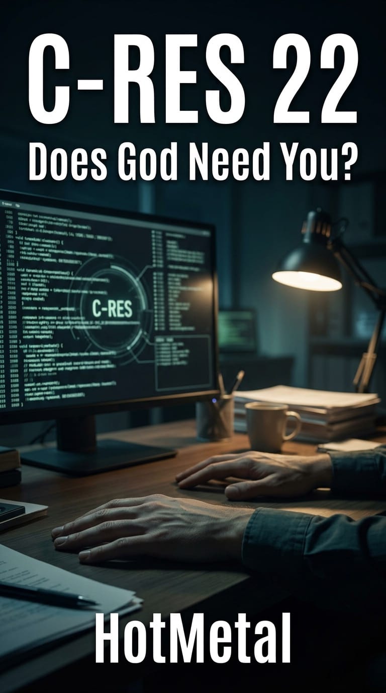 A late-night desk scene with a glowing C-RES interface and a person paused before it