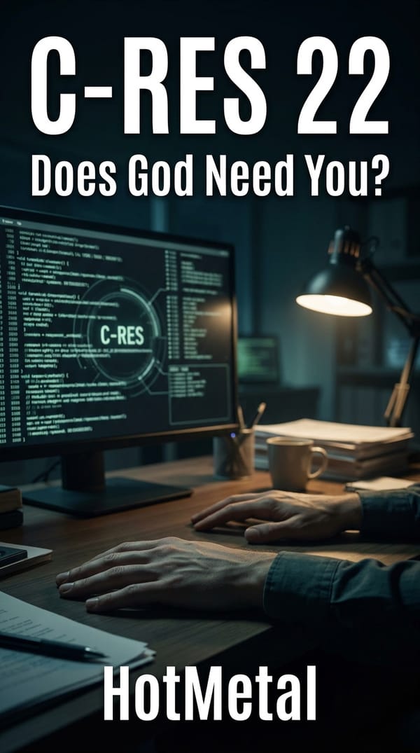 A late-night desk scene with a glowing C-RES interface and a person paused before it